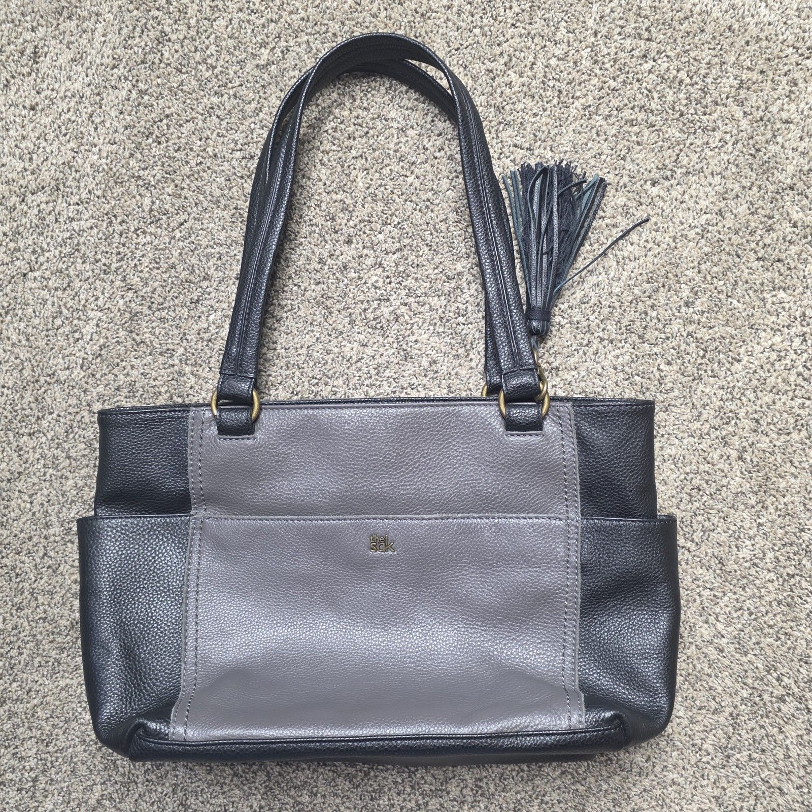 The Sak Pebbled Leather Gray Black Utility Tote Bag Classic Neutral Business